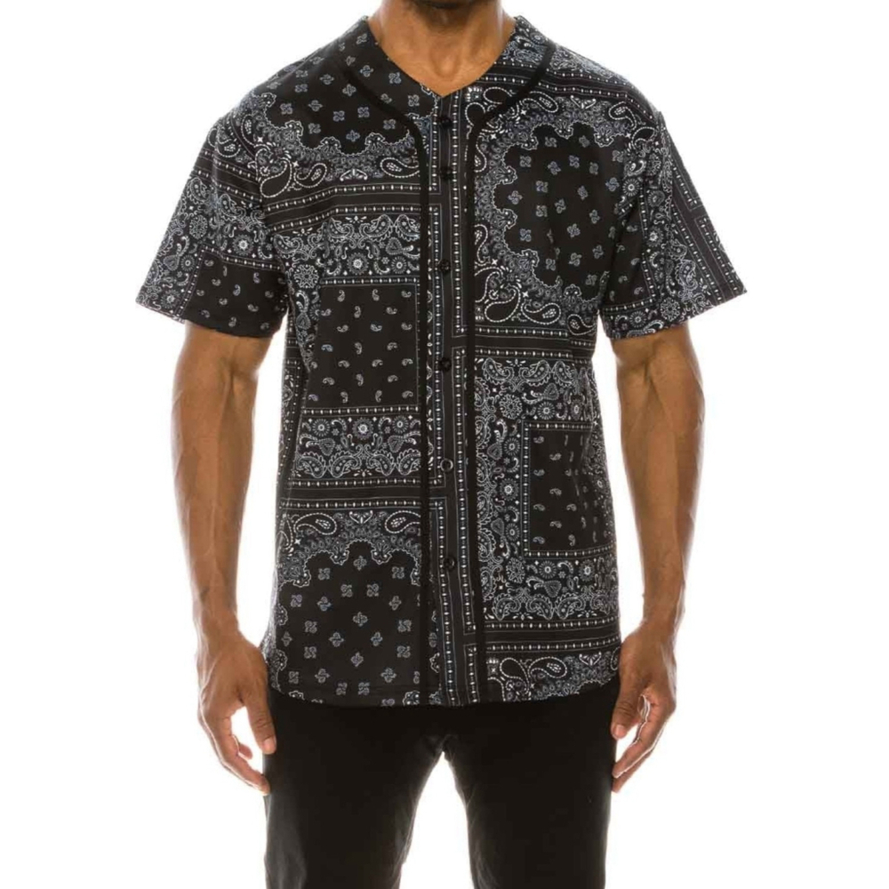 Victorious Black Baseball Jersey Bandana Paisley Button Down Shirt Men's L NWOT